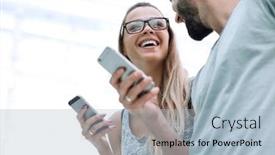  Presentation with files - Slides featuring happy young couple with smartphones discussing video files background and a light blue colored foreground