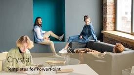  Presentation with points - PPT layouts having happy-young-creative-designers background and a coral colored foreground