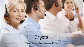  Presentation with customer service lifting the words - PPT theme enhanced with happy young customer service operator background and a light blue colored foreground