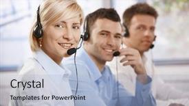  Presentation with customer service excellence - Presentation theme featuring happy young customer service operators background and a light blue colored foreground