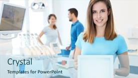  Presentation with heal - Cool new PPT theme with happy young dental assistant holding backdrop and a sky blue colored foreground