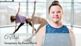  Presentation with sportswear - PPT theme featuring happy-young-disable-woman background and a sky blue colored foreground