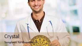  Presentation with black eye doctor - Theme having happy young doctor holding bulls background and a gold colored foreground