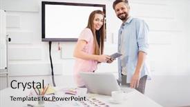  Presentation with how to level up engagement digital workplace gamification - Beautiful PPT layouts featuring happy young editors with digital backdrop and a light gray colored foreground