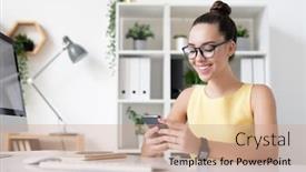  Presentation with elegant - Beautiful theme featuring happy-young-elegant-businesswoman backdrop and a coral colored foreground