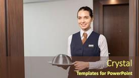  Presentation with open door - Beautiful PPT theme featuring happy-young-elegant-manager backdrop and a tawny brown colored foreground