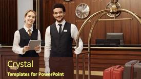  Presentation with receptionist - PPT theme having happy-young-elegant-receptionist background and a tawny brown colored foreground