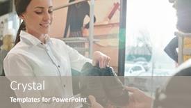  Presentation with boutique - Amazing slides having happy-young-elegant-shop-assistant backdrop and a gray colored foreground