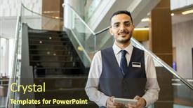  Presentation with happy anniversay work - Slide deck consisting of happy-young-elegant-worker background and a tawny brown colored foreground