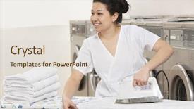  Presentation with laundromat - Colorful PPT layouts enhanced with happy young employee ironing clothes backdrop and a lemonade colored foreground