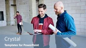  Presentation with blueprint - PPT theme enhanced with happy-young-engineer-pressing-laptop background and a seafoam green colored foreground