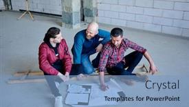  Presentation with points - Slide deck with happy-young-engineers-sitting background and a light blue colored foreground