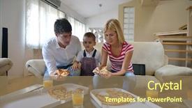  Presentation with family healthy eating - Presentation theme consisting of happy young family eating tasty pizza with cheesa and dring healthy and fresh orange juice background and a coral colored foreground