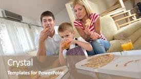  Presentation with family healthy eating - Beautiful slide deck featuring happy-young-family-eating-tasty backdrop and a coral colored foreground