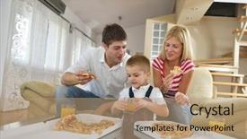  Presentation with family healthy eating - PPT theme consisting of happy young family eating tasty pizza with cheesa and dring healthy and fresh orange juice background and a coral colored foreground