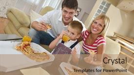  Presentation with family healthy eating - Presentation design consisting of happy young family eating tasty pizza with cheesa and dring healthy and fresh orange juice background and a coral colored foreground