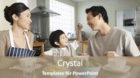  Presentation with family - Audience pleasing presentation design consisting of happy young family enjoying meal backdrop and a coral colored foreground