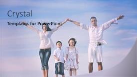  Presentation with childrens hands - Slide set having happy young family have fun on beachand showing home sign with conncected hands while protecting childrens background and a light blue colored foreground