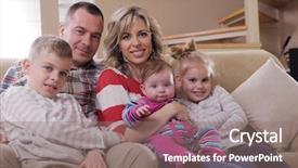  Presentation with living room family - Presentation theme enhanced with happy young family have fun with their children at modern living room home indoors background and a gray colored foreground