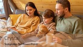  Presentation with family - Beautiful PPT layouts featuring happy-young-family-in-casualwear backdrop and a coral colored foreground
