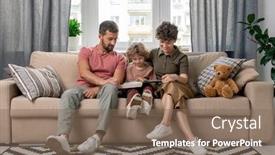  Presentation with family reading - Slide set consisting of happy-young-family-of-three background and a violet colored foreground