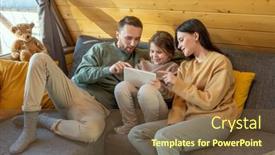  Presentation with movie screen - Cool new PPT theme with happy-young-family-of-three backdrop and a tawny brown colored foreground