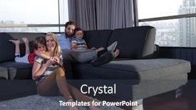  Presentation with young children playing - Colorful PPT theme enhanced with happy young family playing together at home on the floor using a tablet and a children's drawing set backdrop and a tawny brown colored foreground