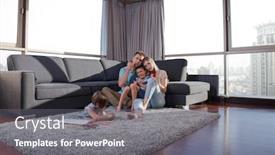  Presentation with young children playing - Theme having happy young family playing together at home on the floor using a tablet and a children's drawing set background and a gray colored foreground