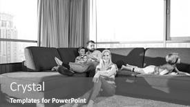  Presentation with young children playing - Colorful PPT theme enhanced with happy young family playing together at home on the floor using a tablet and a children's drawing set backdrop and a gray colored foreground