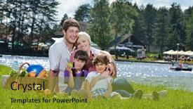  Presentation with kids food - Audience pleasing PPT layouts consisting of happy young family playing together with kids and eat healthy food in a picnic outdoors backdrop and a gold colored foreground