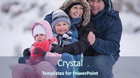 Presentation with falling snow - Presentation theme featuring happy young family portrait on winter vacation while sitting sledge at landscape with fresh falling snow background and a ocean colored foreground