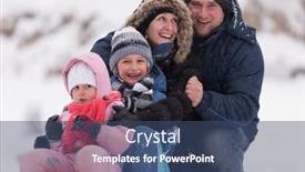  Presentation with falling snow - Cool new presentation with happy young family portrait on winter vacation while sitting sledge at landscape with fresh falling snow backdrop and a ocean colored foreground