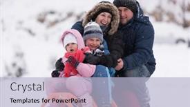  Presentation with falling snow - Amazing theme having happy young family portrait on winter vacation while sitting sledge at landscape with fresh falling snow backdrop and a light blue colored foreground