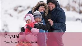  Presentation with falling snow - PPT layouts enhanced with happy young family portrait on winter vacation while sitting sledge at landscape with fresh falling snow background and a coral colored foreground