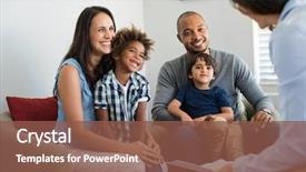  Presentation with meeting family - Slide deck with happy young family sitting background and a tawny brown colored foreground