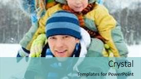  Presentation with winter family - Slides featuring happy young family spending time outdoor in winter focus on the father background and a light blue colored foreground