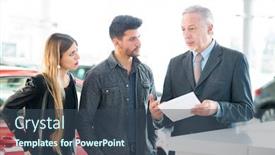  Presentation with family talking - Amazing PPT layouts having happy young family talking to the salesman in a car showroom backdrop and a ocean colored foreground
