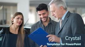  Presentation with family talking - Presentation design having happy young family talking to the salesman in a car showroom background and a ocean colored foreground