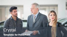  Presentation with family talking - Presentation design with happy young family talking to the salesman and choosing their new car in a showroom background and a dark gray colored foreground