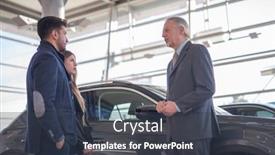  Presentation with family talking - Audience pleasing slide set consisting of happy young family talking to the salesman and choosing their new car in a showroom backdrop and a tawny brown colored foreground