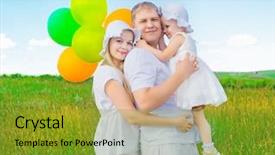  Presentation with family day - Amazing theme having happy young family with balloons outdoor on a summer day backdrop and a gold colored foreground