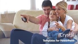  Presentation with living room family - Beautiful PPT theme featuring happy young family with kids in bright modern living room have fun and looking big flat lcd tv backdrop and a ocean colored foreground