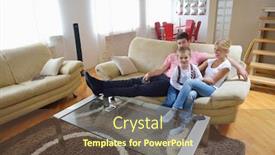  Presentation with living room family - Cool new slide deck with happy young family with kids in bright modern living room have fun backdrop and a tawny brown colored foreground