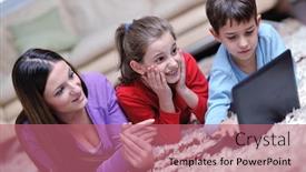  Presentation with mom kids - Theme featuring happy young family with mom and kids have fun and play in modern new living room home indoor background and a coral colored foreground