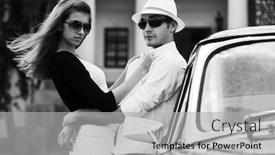  Presentation with vintage car - Cool new PPT layouts with happy young fashion couple next to vintage car stylish man and woman in sunglasses backdrop and a light gray colored foreground