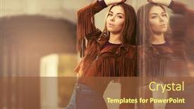  Presentation with brown leather - Audience pleasing theme consisting of happy-young-fashion-woman-leaning backdrop and a tawny brown colored foreground