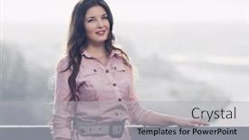  Presentation with railing - Colorful presentation design enhanced with happy-young-fashion-woman-leaning backdrop and a light gray colored foreground