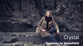  Presentation with fashion handbag - PPT theme featuring happy young fashion woman sitting on wooden bridge in autumn park stylish female model with handbag in classic beige coat and snood scarf background and a tawny brown colored foreground