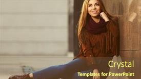  Presentation with brown leather - Presentation theme consisting of happy-young-fashion-woman-sitting background and a tawny brown colored foreground