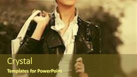  Presentation with sad woman walking - Amazing presentation theme having happy young fashion woman walking on city street stylish female model in black leather jacket with pixie hair style backdrop and a tawny brown colored foreground